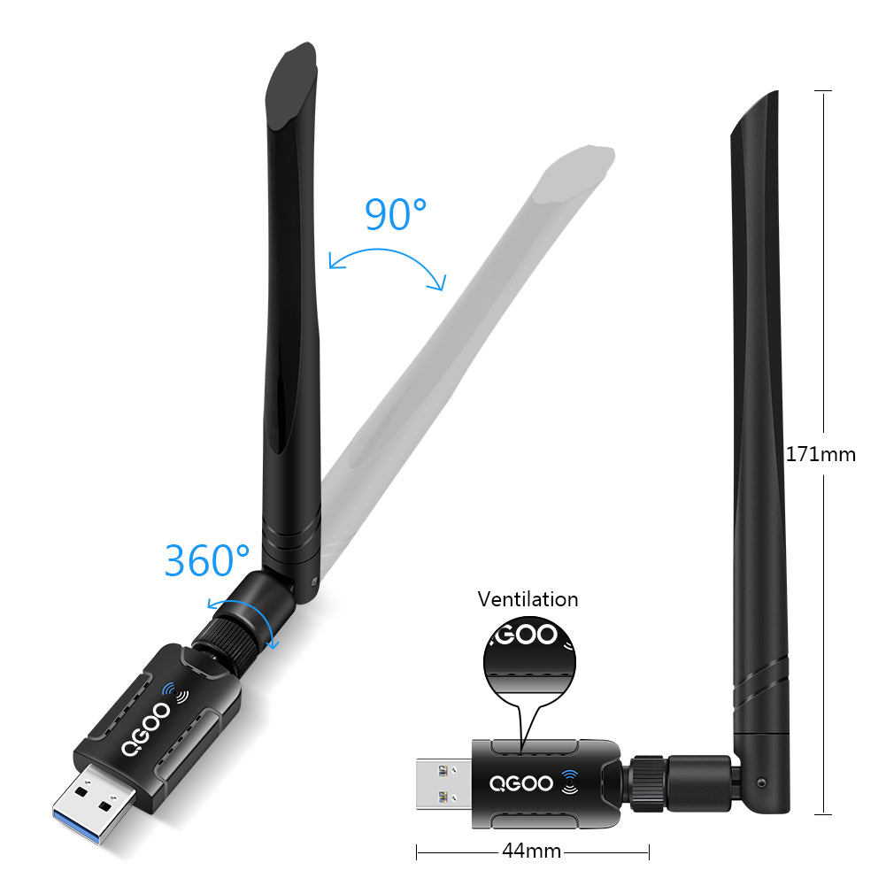 Adaptador WiFi USB 1200Mbps QGOO USB 3.0 WiFi Dongle 802.11 ac Adaptador de  red inalámbrico con doble banda 2.42GHz/300Mbps 5.8GHz/866Mbps 5dBi Antena