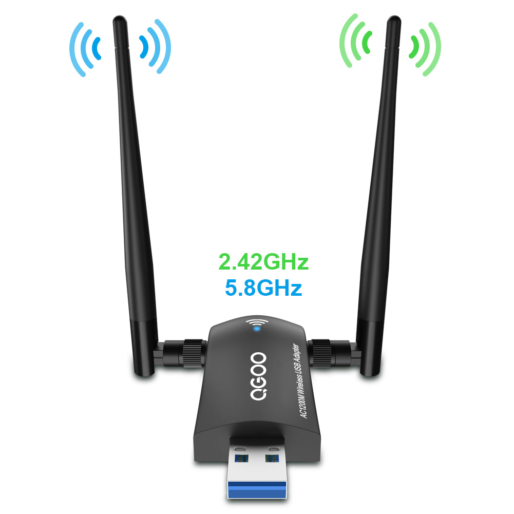 1200Mbps Wireless USB WiFi Adapter, QGOO WiFi Adapter,AC1200 Dual Band 802.11 ac/a/b/g/n，2.42GHz/300Mbps or 5.8GHz/867Mbps High Gain Dual 2 X 5dBi Antennas Network USB 3.0 for Desktop of Windows